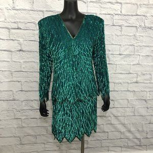 Vintage Silk Heavy Beaded Dress Laurence Kazar Tiered Cocktail Party Sequins XL